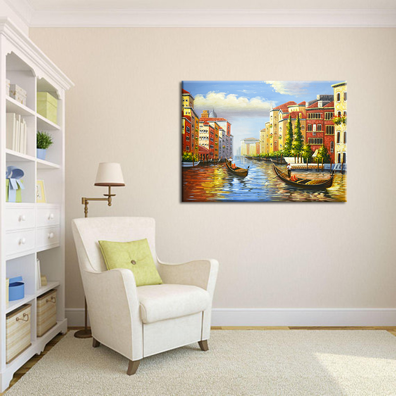 Hand-painting Colorful Venice Houses Lake And People Oil Painting Oversize Study